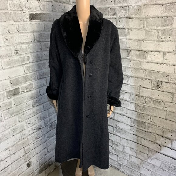 Vintage JNY Wool Cashmere Maxi Overcoat Coat 6 Black Faux Fur Trim Collar Cuffs - Picture 9 of 16